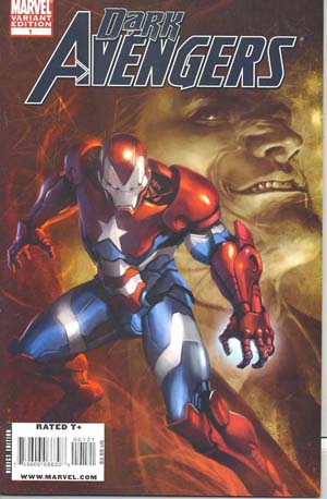 Out of context, this could be a political cartoon. Norman Osborn in the background with his Iron Patriot armor in the foreground. From the varient cover for Dark Avengers #1 by artist Marko Djurdjevic. From Atomic Comic Store.com